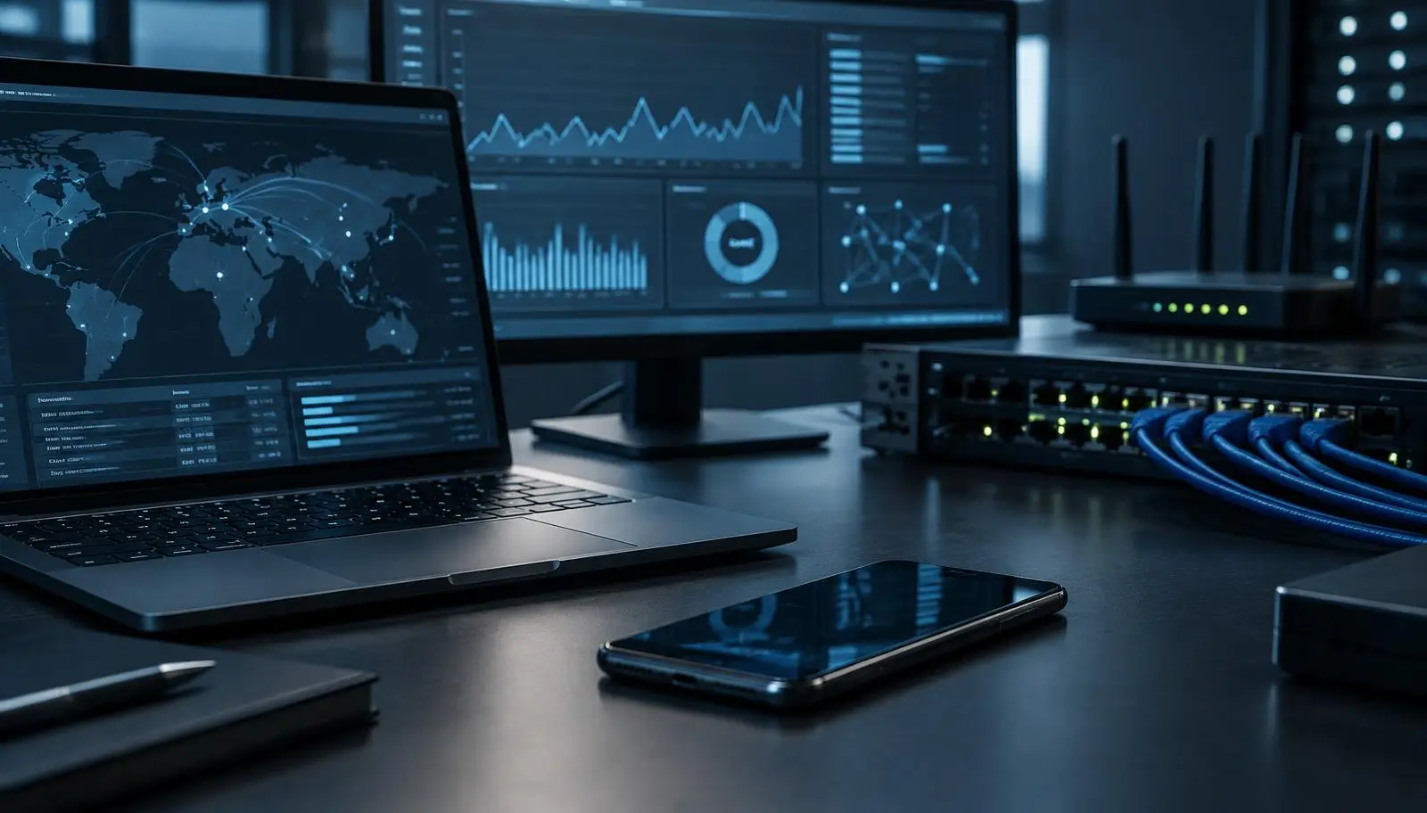 Smartphone vor einem Notebook, Analysemonitoren und einem Netzwerkgerät mit angeschlossenen Kabeln
